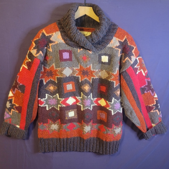 Paul Stuart Sweaters - Vintage Paul Stuart Colorful Print Cowl Neck Hand Knit Wool Sweater. Size L